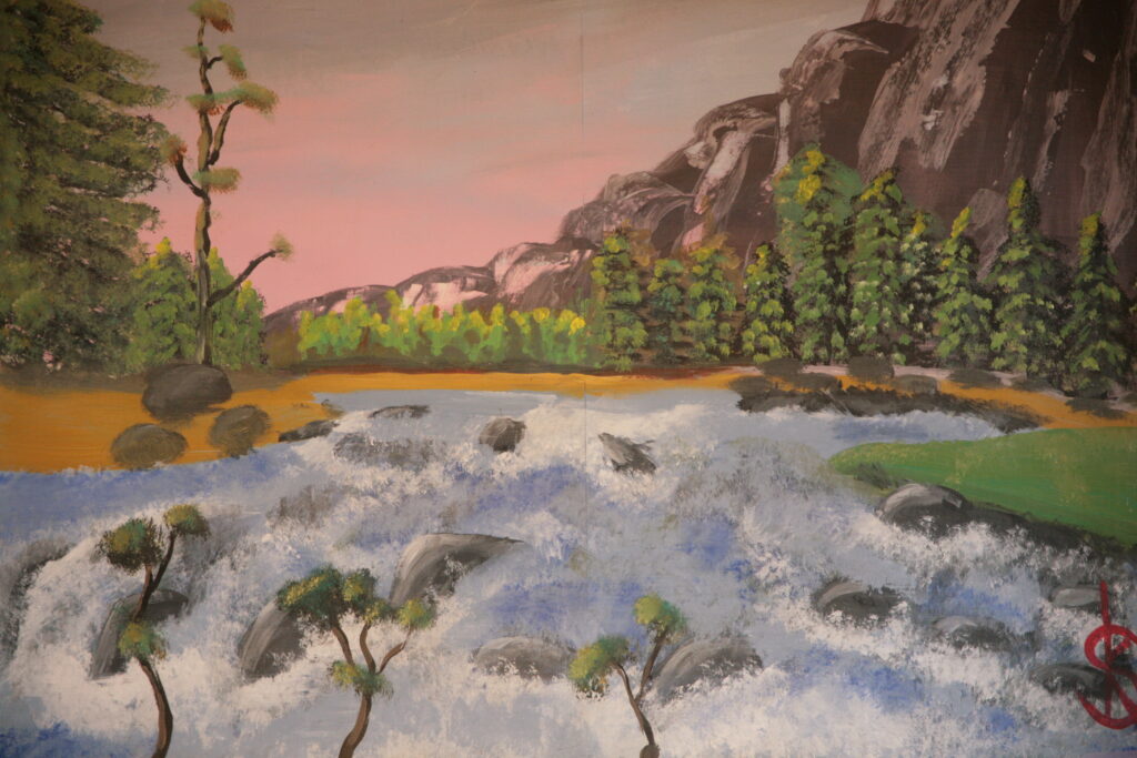 muurschildering bruisende waterval